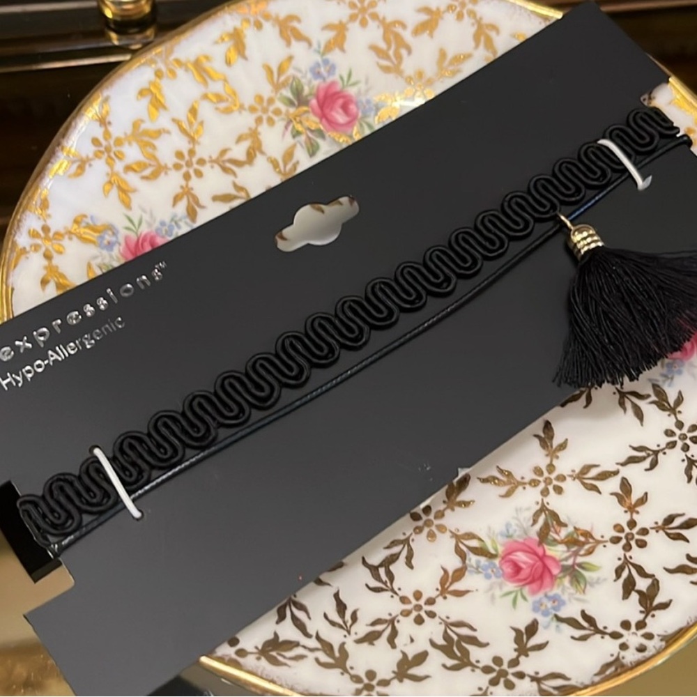 Black Stretch Tassel Choker Necklace